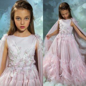 Blush Pink Flower Girl Dresses With Cape Customized Floral Ruffles Princess Baby Girl’s Birthday Party Gowns Kids Pageant Dress