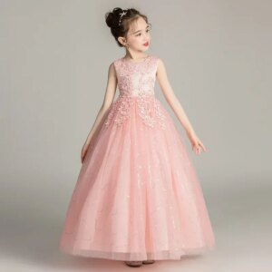 Birthday Party Banquet Princess Gowns Princess Dress Flower Girl Dresses Champagne Tulle Mesh Appliques Sleeveless For Wedding
