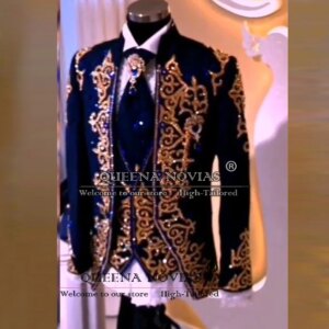 Luxury Groom Wedding Suits Gold Beaded Crystals Prom Blazer Customized 3-Piece Men’s Tuxedo Slim Fit Man Chic costumes homme