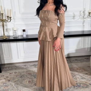Customized Strapless Evening Dresses Off The Shoulder Satright Pleat Sequined Lace Appliques Prom Gown Full Sleeve Party Dress