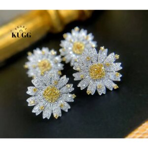 KUGG 100% 18K White Gold Earrings Women Real Natural Yellow Diamond Stud Earrings Romantic Fower Design High Wedding Jewelry