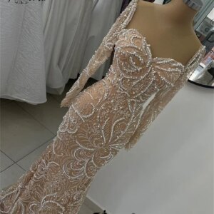Elegant Pearls Beading Lace Dubai Formal Evening Dresses Long Sleeve Sweetheart Mermaid Wedding Occasion Gown Special Party Robe