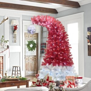 6FT Hinged Fir Artificial Fir Bent Top Christmas Tree Xmas Tree Bendable Santa Hat Style Christmas Tree Holiday Dration 1250 Lu