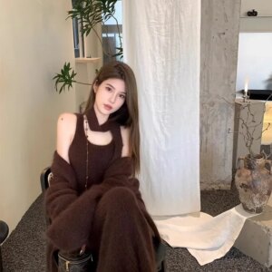 Sweet Hot Girl Elegant Suit Women’s Autumn/winter Slim Fit Strap Dress Knitted Cardigan Two-piece Set Fashion Female Clothes