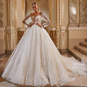 Luxury Long Sleeved Lace Applique Wedding Dress Princess Bride Dance Dress Customized A-line Wedding Dress