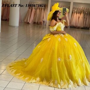 EVLAST Customized Yellow Ball Gown Quinceanera Dress 3D Floral Lace Applique Beaded Bow Corset Sweet 16 Vestidos De Anos SQ399