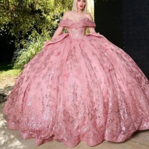Pink Shiny Quinceanera Dresses Off Shoulder Ball Gown Sweet 16 Dress Beads Sequin Appliques Lace Bow Tull Corset Birthday Party