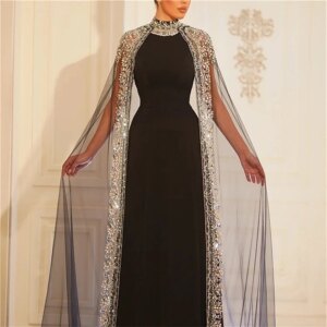Customized Jersey Applique Sequined Beading Ruched Homecoming A-line High Collar Bespoke Occasion Gown Long Dresses