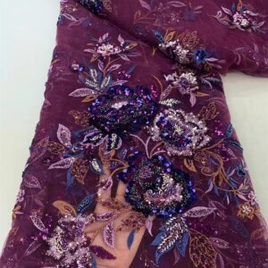 2025 Bead and Sequins Lace Fabric Bridal Embroidery Elegant African Nigerian Latest Design Wine High End for Sewing Dress Q187-1