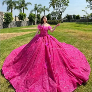 Sparkling Rose Pink Ball Gowns Quinceanera Dress One Shoulder Embellished Sequin Corset Cathedral Train vestido de xv añosCustom