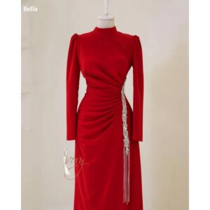 Bella Customized Red Beaded High Neck Long Sleeves robes de soirée Shoulder Pads Party Dresses Floor-Length Prom Dress 2025