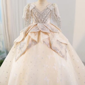 Girls’ Dreamy Champagne Wedding Dress with Train Princess Dress Children’s Fashion Show Flower Girl Wedding Costume Summer