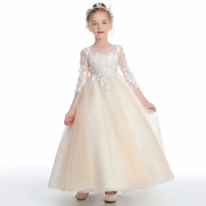 Custom made Champagne Tulle 3D Appliques Flowers 3/4 Sleeve For Wedding Birthday Party First Communion Gowns Flower Girl Dresses