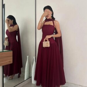Customized  Elegant Graceful Burgundy Organza Evening Dress Classic Square Collar Sleeveless Ribbons Bespoke Occasion G