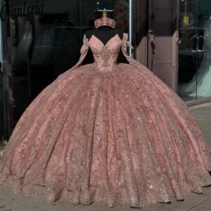 Rose Gold Quinceanera Dress Ball Gown 3D Floral Applique Beading Corset Sweet 16 Vestidos De XV 15 Anos