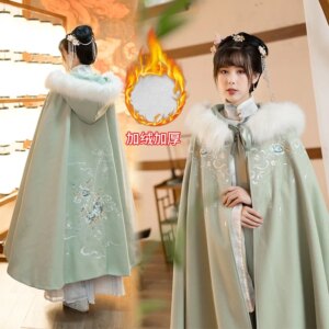 Hanfu Cloak Women’s Autumn and Winter Style Plush Ancient Style Fur Collar Chinese Style Green Thickened Warm Cloak