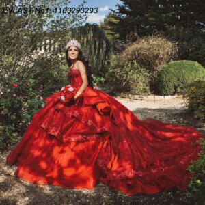 EVLAST Customized Shiny Red Quinceanera Dress Ball Gown Glitter Lace Applique Beading Tiered Sweet 16 Vestido De 15 Anos E1Q498