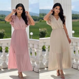 Customized Sizes Available Fashion Chiffon Pleat Draped Ruched A-line V-neck Midi Dresses Evening Dresses High Quality Pastrol C