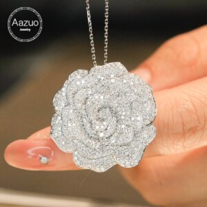 Aazuo 18K Solid White Gold 1.780ct Big Flower Necklace Brooch Gift For Women Engagement Natural Diamond Fashion Design For Lady
