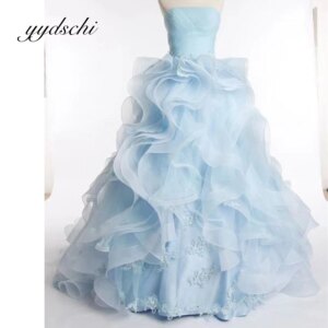 A-Line Fluffy Pleat Prom Dress Applique Illusion Tulle Lace Sleeveless Princess Sexy Dance Floor Length Dresses Tulle Light Blue