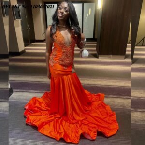 EVLAST Customized Orange Mermaid Prom Dress For Women Luxury Diamond Crystals Velvet Long Party Gala Gown Robes De Soiree P46