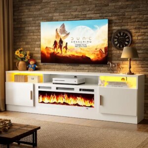 70″ Fireplace TV Stand with Power Outlet for TVs UP to 80″, Electric Fireplace Entertainment Center with LED Lights & Storage Ca