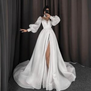 Customized Temperament Organza A-Line Crystal And Buttons Evening Dresses High Collar Long Sleeves Panel Train Prom Dr