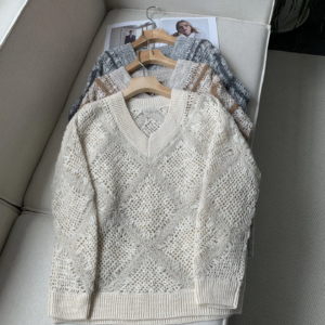 Color Contrast Women’s Wool Blended Sweater Autumn Hollow Out V-Neck Long Sleeve Loose Ladies Knitted Pullover