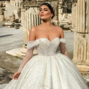 Customized Sparkly Beaded Sleeveless Off The Shoulder Ball Gown Wedding Dresses 2025 Glitter Backless Dresses Vestidos De Gala