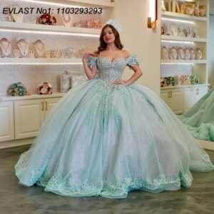 EVLAST Customized Mexican Mint Ball Gown Quinceanera Dress Lace Applique Beading Corset Sweet 16 Vestidos De 15 Anos E1Q827
