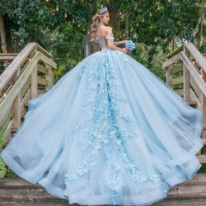 Sky Blue Quinceanera Dresses Off Shoulder Ball Gown Sweet 16 Dress Applique Flower Beads Tull Corset Birthday Party Vestidos 15