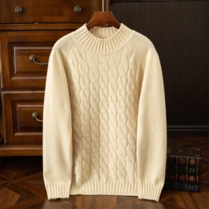 Men’s new autumn and winter 100% pure cashmere knitted cashmere sweater thick twisted neck round neck sweater comfortable and lo