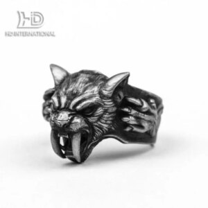 Ancient saber-toothed tiger ring, Roaring lion, Angry Lion,patron saint of animals rings,Vintage 925 silver säbelzahntiger jewel