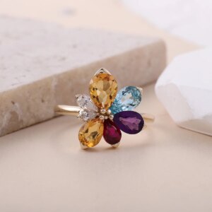 Provence 10K 14K yellow gold ring fancy pear cut lab gemstone flower wedding rings for women classic engagement anniversary gift