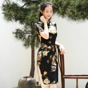Summer New High Quality Real Silk Printed Mid-Length Retro Cheongsam Qipao Women’s Dress