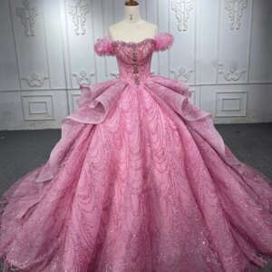 Mexico Pink Shiny Ball Gown Quinceanera Dress Off The Shoulder Beaded Crystal Tull Sweet 16 Dress Lace up Vestido De 15 Anos