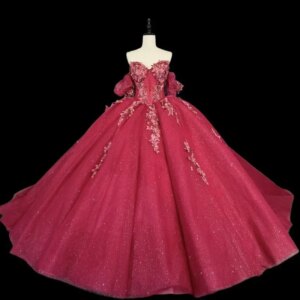 Customized Shiny Red Off Shoulder V-neck Quinceanera Dress butterfly applique Tull flower vestidos de 15 Quinceanera 