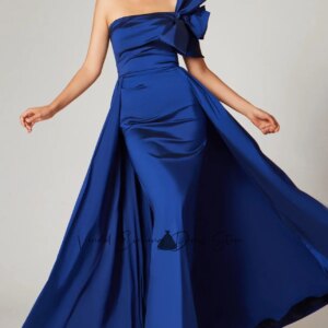 Vindal Strapless Neckline Bow Simple Pleat Mermaid Evening Dresses Custome Sweep Train Sleeveless Party Dresses