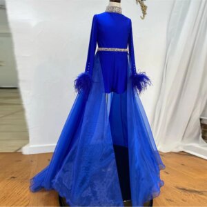 Feather Trim Short Romper Flower Girls Dresses Crystal Neck Long Sleeve Child Pageant Gown Organza Kids Birthday Party Wear