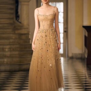 Customized Delicate Organza Spaghetti Straps Sequined Crystal Evening Dresses Sexy Sleeveless Prom Dress Custom Size P