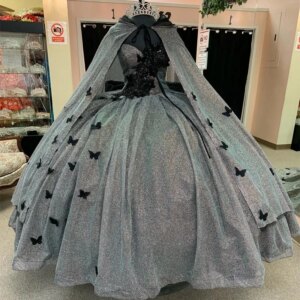 Grey Shiny Sweetheart Shiny Quinceanera Dresses Beads 3D Bow Lace Beads With Cape Sweet 15 Birthday Party Ball Gowns