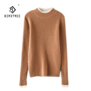 BirdTree, 100% Cashmere Elegant Sweater, Fake Two-piece Semi High Neck Base Sweater Slim and Fashion, Autumn and Winter T48922KS