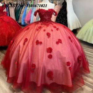 EVLAST Customized Red Ball Gown Quinceanera Dress 3D Floral Applique Beading Diamonds Corset Sweet 16 Vestidos De 15 Anos SQ207