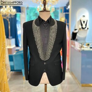 Black Groom Tuxedos Beading Groomsmen Men’s Wedding Prom Suits For Men 2 Pieces(Jacket+Pants)