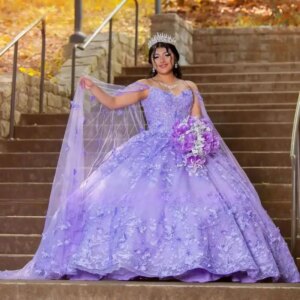 2024 Lavender Luxury Princess Quinceanera Dresses Applique Butterfly With Cape Off Shoulder Bustle Corset Vestidos De 15 Años