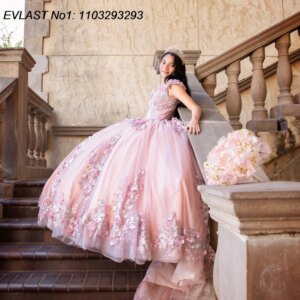 EVLAST Customized Glitter Pink Ball Gown Quinceanera Dress 3D Floral Applique Beading Party Sweet 16 Vestidos De 15 Anos E1Q648