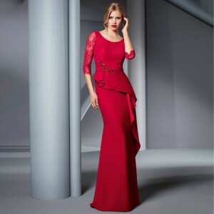 Mermaid Mother of the Bride Dresses for Weddings Dark Red Lace Wedding Guest Gowns 3/4 Sleeves Scoop Beaded Applique Formal Gown