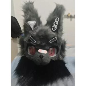 Black Fursuit Long Fur Husky Fox Mascot Head Party Halloween Fur Cosplay (Head)