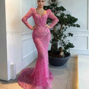 Sexy Mermaid Prom Dresses Square Long Sleeve Sweep TrainLace Appliques Sequins Beading Celebrity Evening Gowns Plus Size Custom
