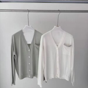 Beaded Pocket Women’s Silk Wool Cardigan Spring 2025 Single Breasted V-Neck Long Sleeve Fashion Ladies Knitted Sweater